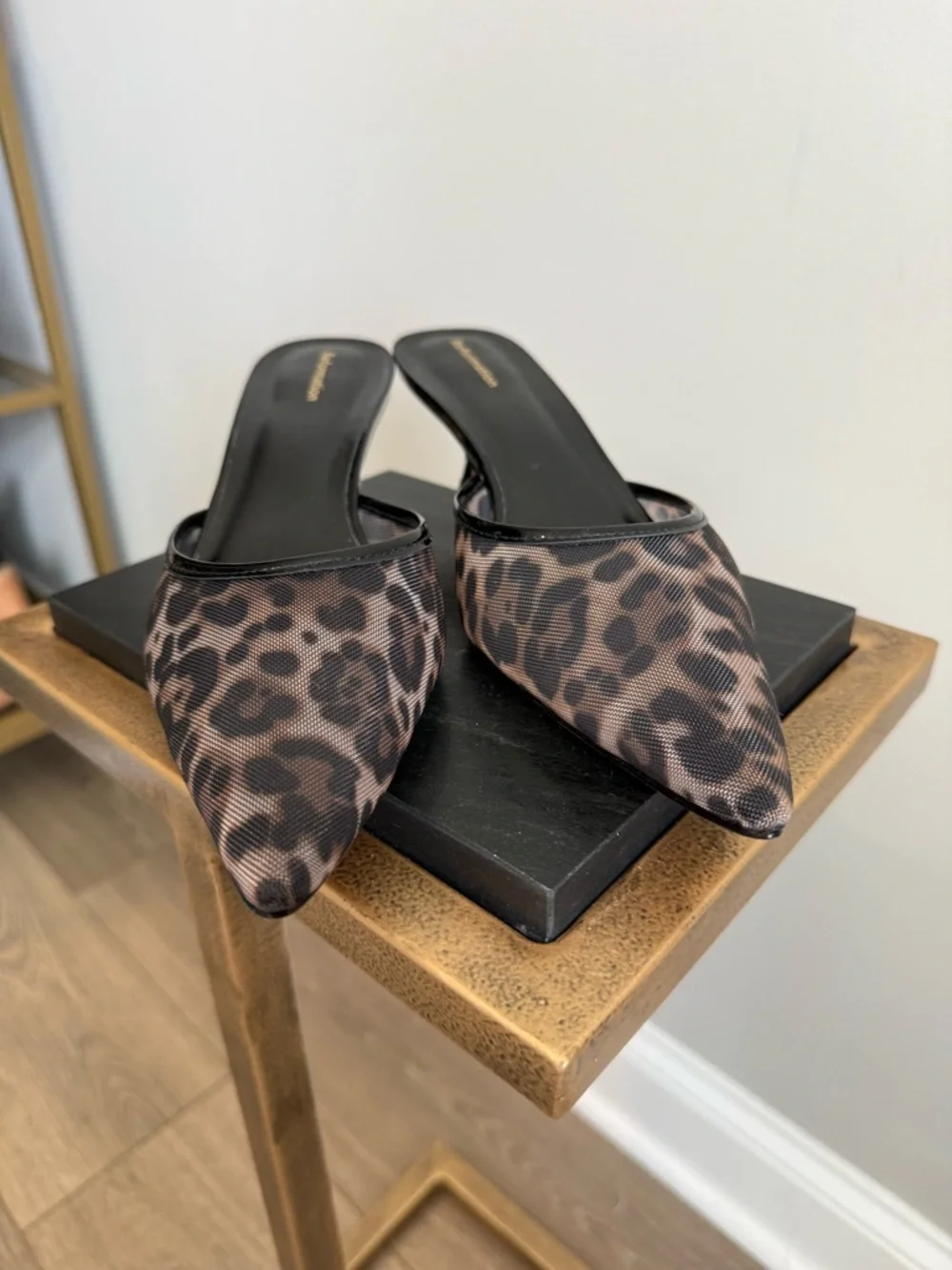 Reformation Wilda Kitten Heel Mules in a leopard print mesh fabric NWT - Picture 9 of 14